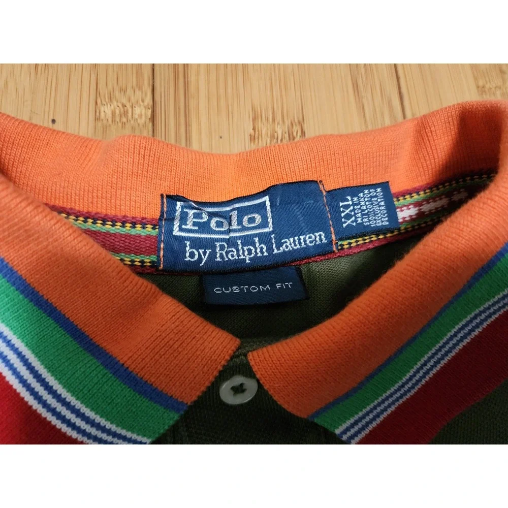 Vintage Polo Ralph Lauren Aztec Polo Shirt Men 2XL Olive Green Collar Custom Fit